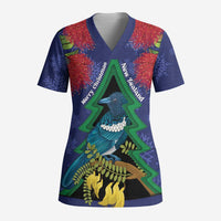 New Zealand Christmas In July Scrub Top Kowhai Tui Bird With Pohutukawa - Blue LT14 Adult Blue - Polynesian Pride