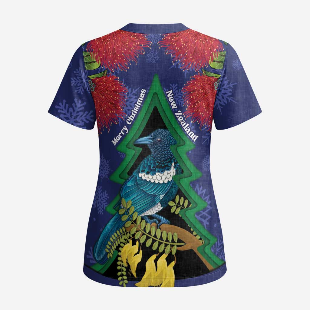 New Zealand Christmas In July Scrub Top Kowhai Tui Bird With Pohutukawa - Blue LT14 - Polynesian Pride