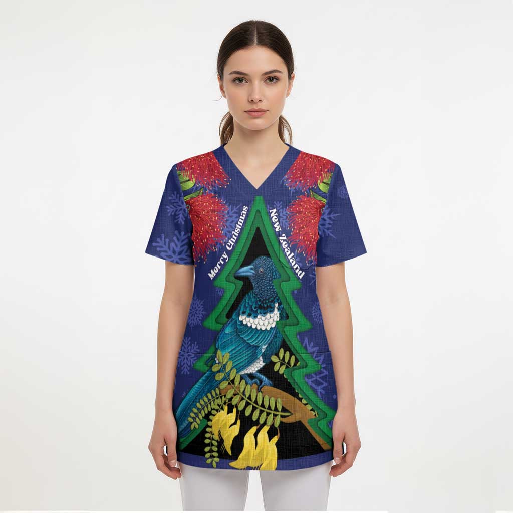 New Zealand Christmas In July Scrub Top Kowhai Tui Bird With Pohutukawa - Blue LT14 - Polynesian Pride
