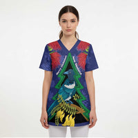 New Zealand Christmas In July Scrub Top Kowhai Tui Bird With Pohutukawa - Blue LT14 - Polynesian Pride