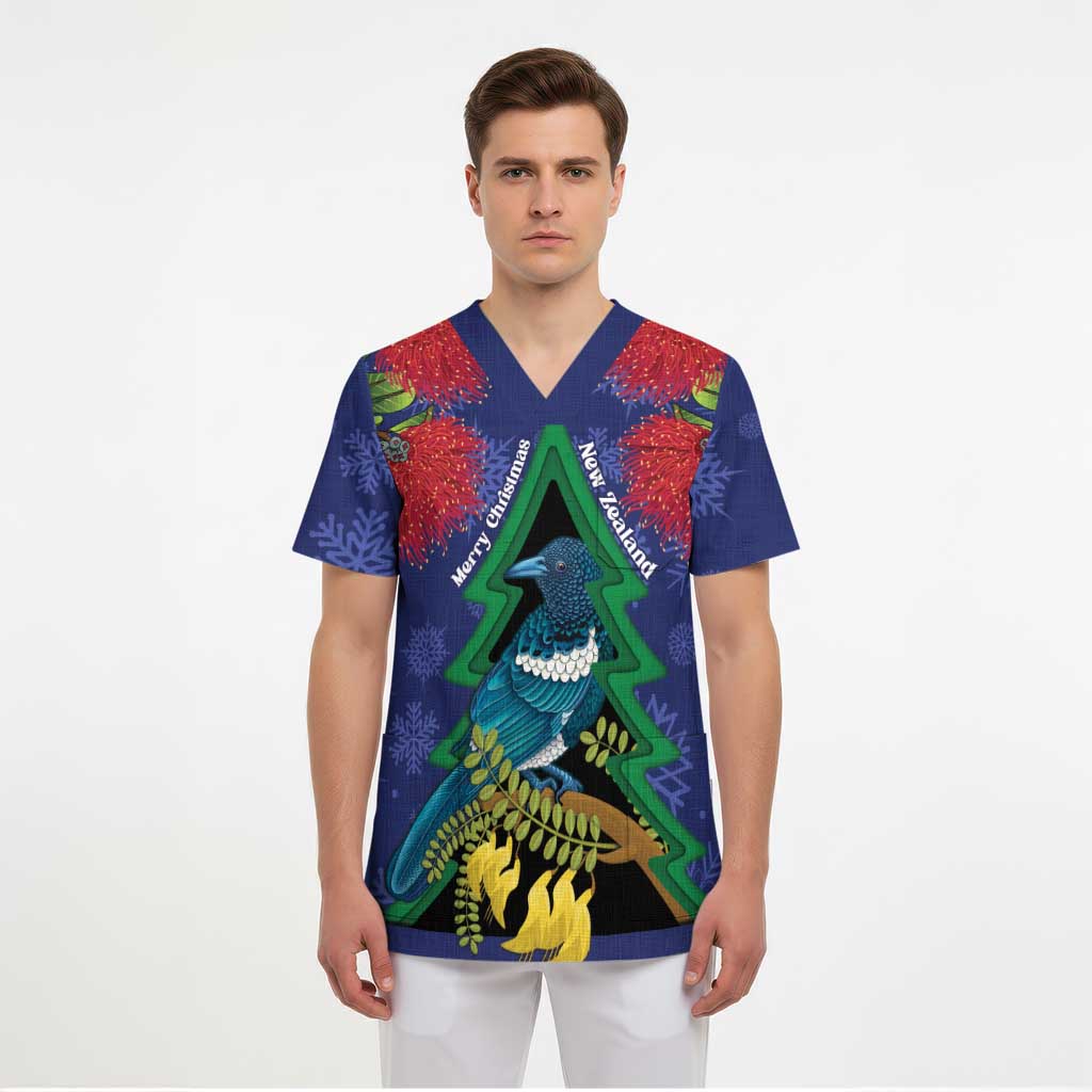 New Zealand Christmas In July Scrub Top Kowhai Tui Bird With Pohutukawa - Blue LT14 - Polynesian Pride