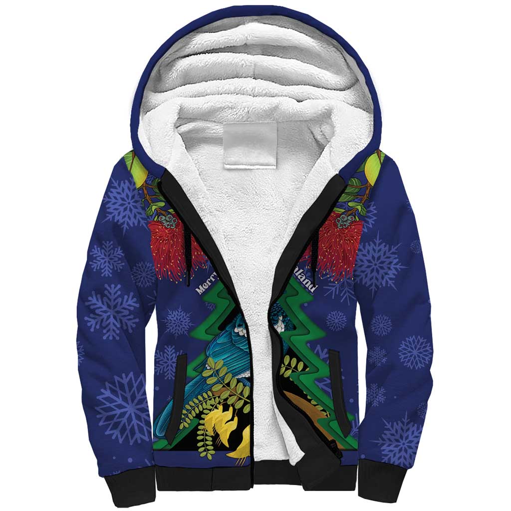 New Zealand Christmas In July Sherpa Hoodie Kowhai Tui Bird With Pohutukawa - Blue LT14 Unisex Blue - Polynesian Pride