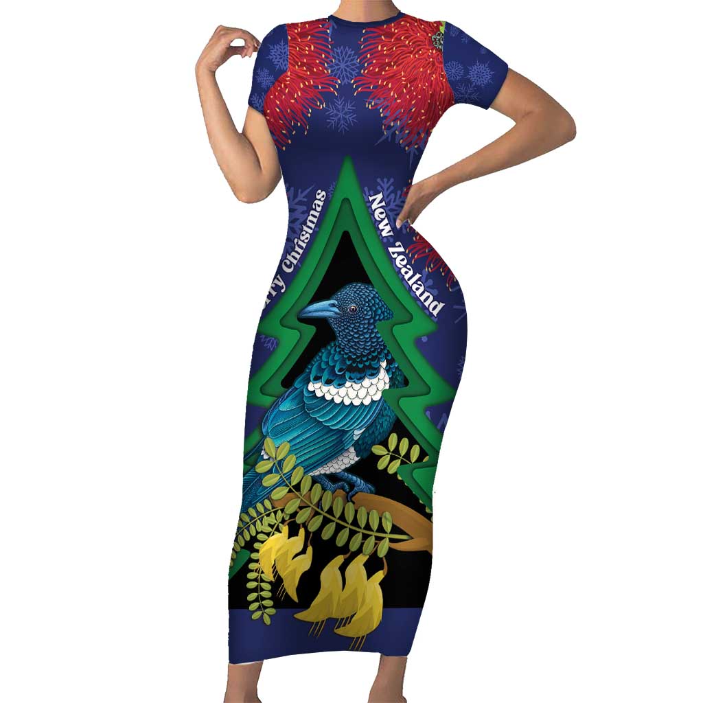 New Zealand Christmas In July Short Sleeve Bodycon Dress Kowhai Tui Bird With Pohutukawa - Blue LT14 Long Dress Blue - Polynesian Pride