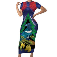 New Zealand Christmas In July Short Sleeve Bodycon Dress Kowhai Tui Bird With Pohutukawa - Blue LT14 Long Dress Blue - Polynesian Pride