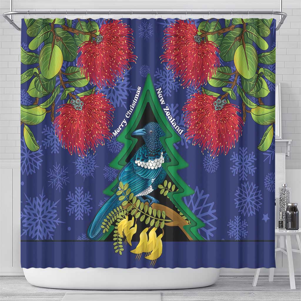 New Zealand Christmas In July Shower Curtain Kowhai Tui Bird With Pohutukawa - Blue LT14 - Polynesian Pride