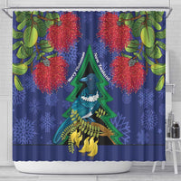 New Zealand Christmas In July Shower Curtain Kowhai Tui Bird With Pohutukawa - Blue LT14 - Polynesian Pride