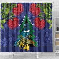 New Zealand Christmas In July Shower Curtain Kowhai Tui Bird With Pohutukawa - Blue LT14 - Polynesian Pride