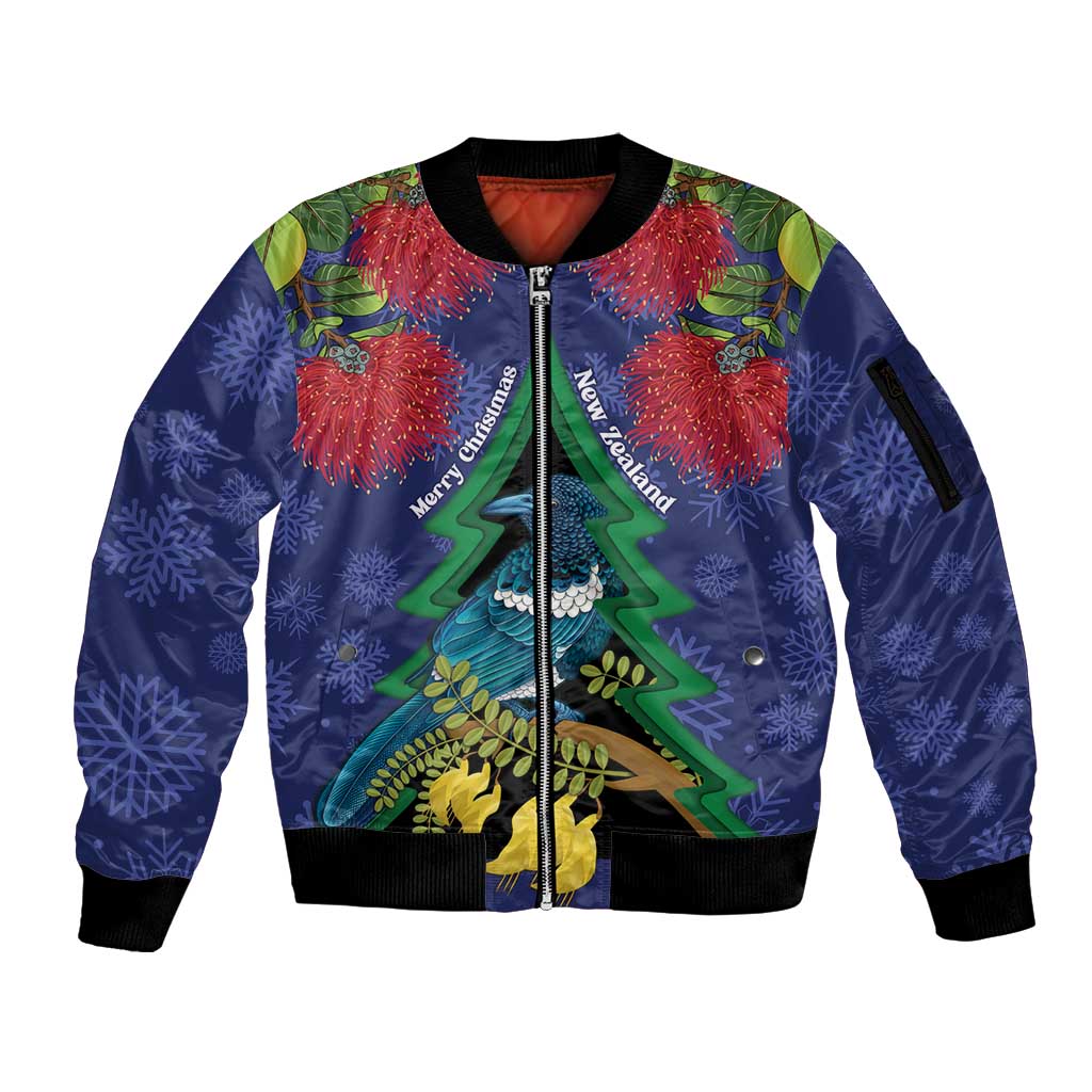 New Zealand Christmas In July Sleeve Zip Bomber Jacket Kowhai Tui Bird With Pohutukawa - Blue LT14 Unisex Blue - Polynesian Pride