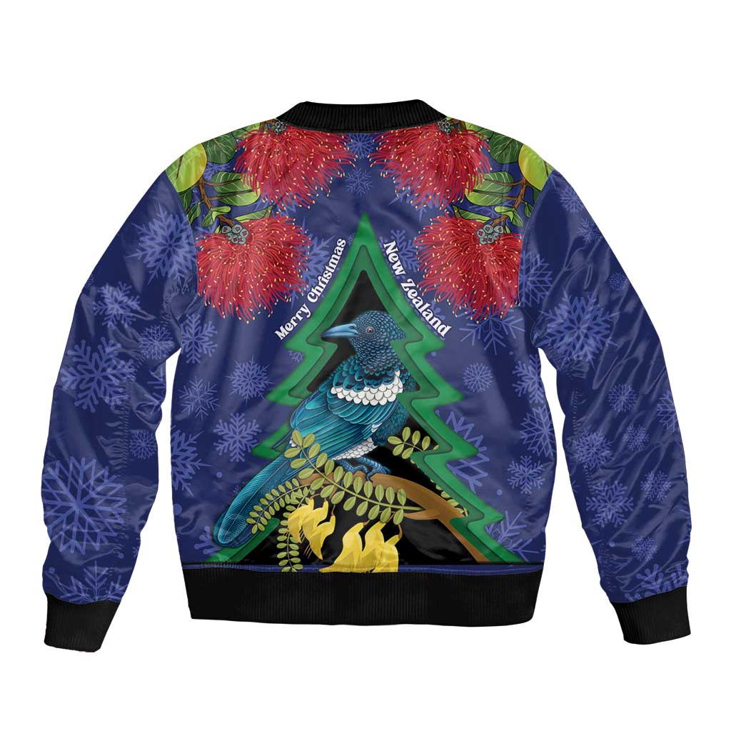 New Zealand Christmas In July Sleeve Zip Bomber Jacket Kowhai Tui Bird With Pohutukawa - Blue LT14 - Polynesian Pride