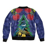 New Zealand Christmas In July Sleeve Zip Bomber Jacket Kowhai Tui Bird With Pohutukawa - Blue LT14 - Polynesian Pride