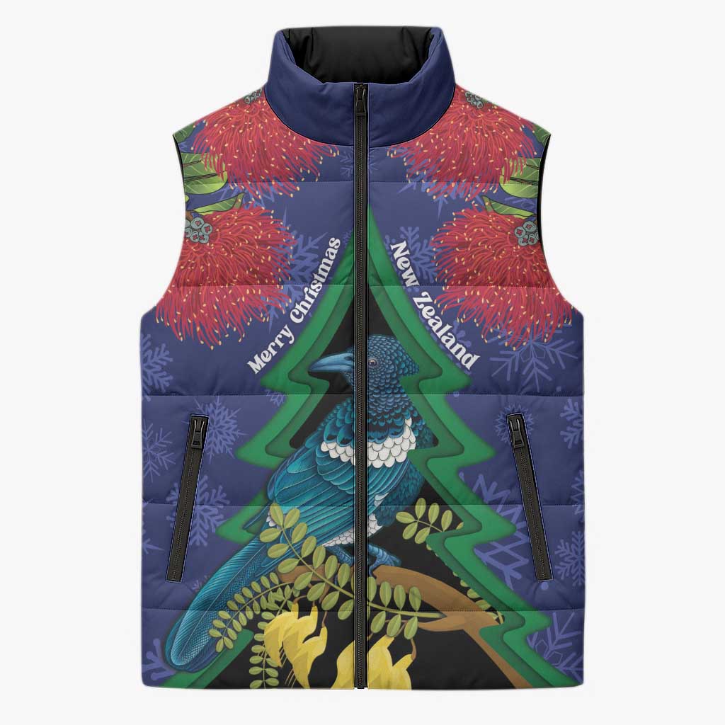 New Zealand Christmas In July Sleeveless Puffer Jacket Kowhai Tui Bird With Pohutukawa - Blue LT14 Unisex Blue - Polynesian Pride