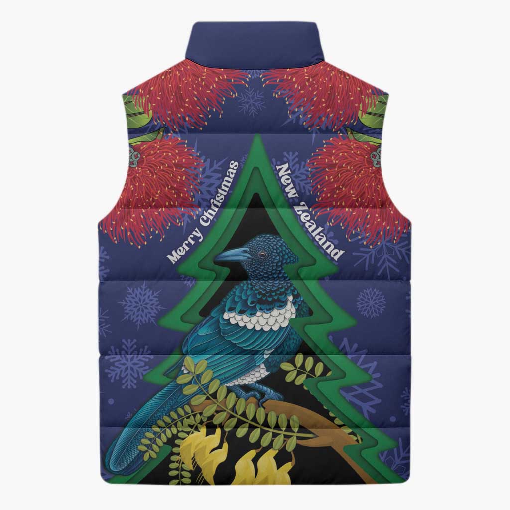 New Zealand Christmas In July Sleeveless Puffer Jacket Kowhai Tui Bird With Pohutukawa - Blue LT14 - Polynesian Pride