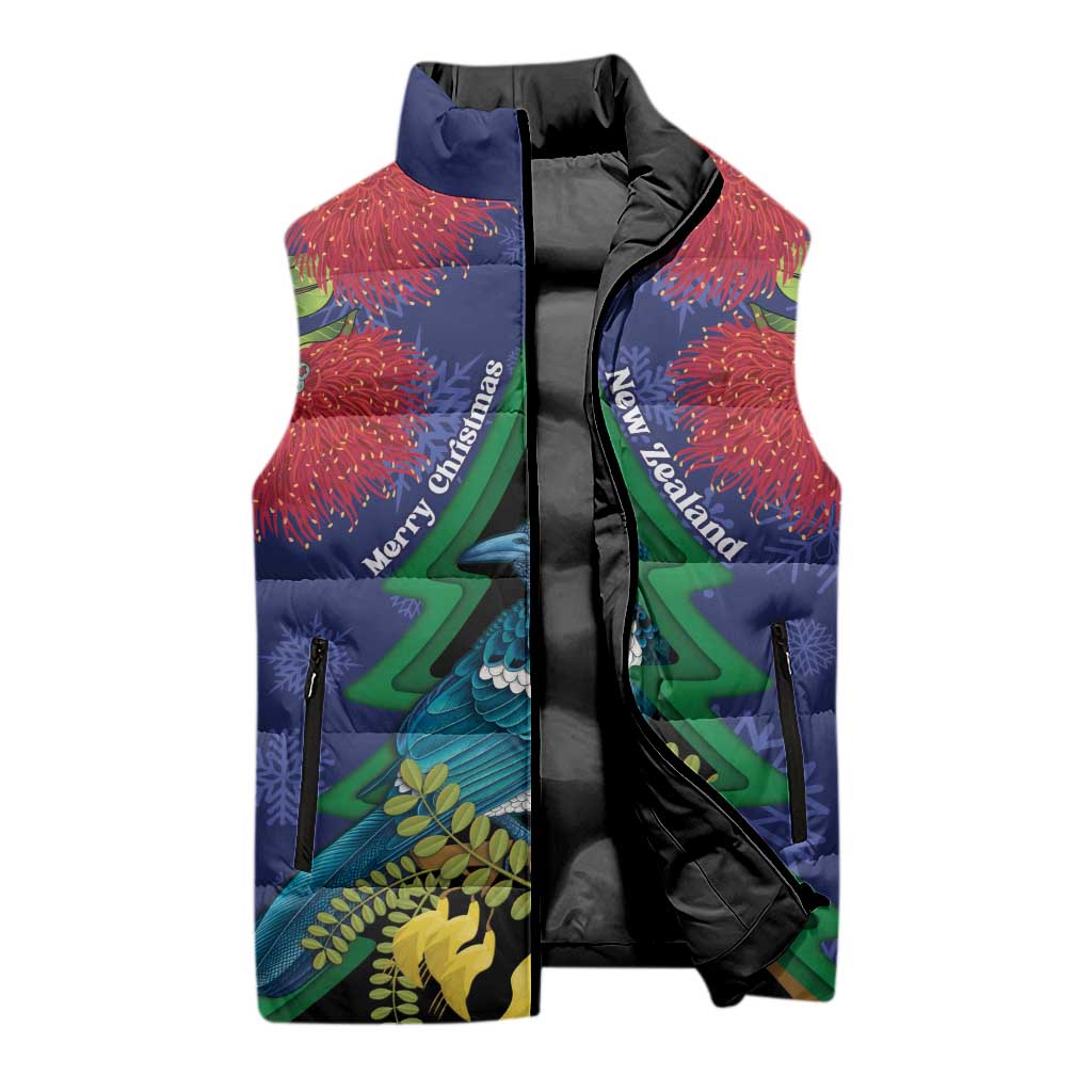 New Zealand Christmas In July Sleeveless Puffer Jacket Kowhai Tui Bird With Pohutukawa - Blue LT14 - Polynesian Pride