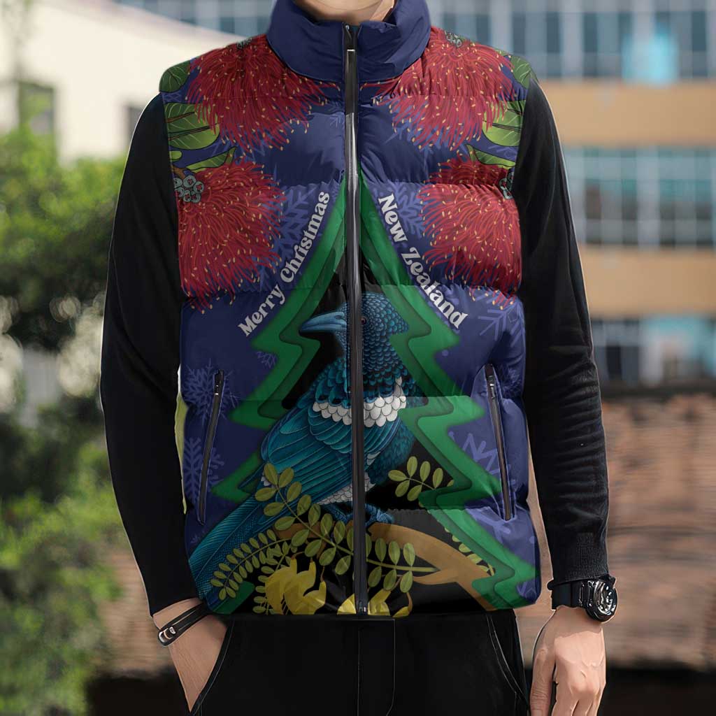 New Zealand Christmas In July Sleeveless Puffer Jacket Kowhai Tui Bird With Pohutukawa - Blue LT14 - Polynesian Pride