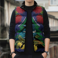 New Zealand Christmas In July Sleeveless Puffer Jacket Kowhai Tui Bird With Pohutukawa - Blue LT14 - Polynesian Pride