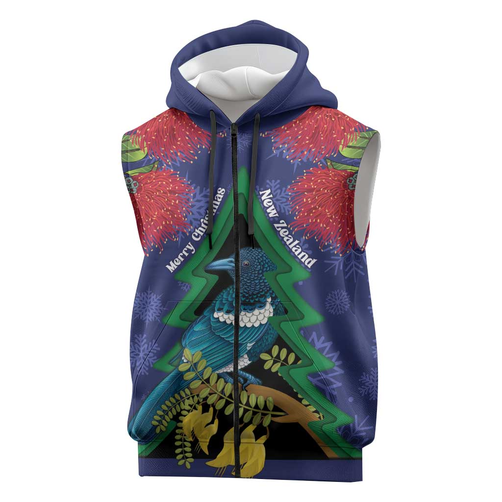 New Zealand Christmas In July Sleeveless Zip Hoodie Kowhai Tui Bird With Pohutukawa - Blue LT14 Blue - Polynesian Pride