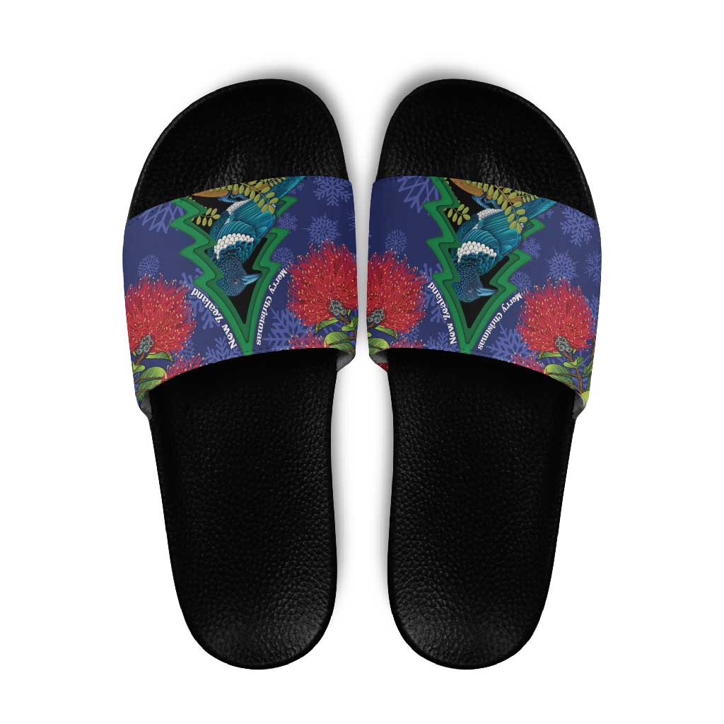 New Zealand Christmas In July Slide Sandals Kowhai Tui Bird With Pohutukawa - Blue LT14 Blue - Polynesian Pride