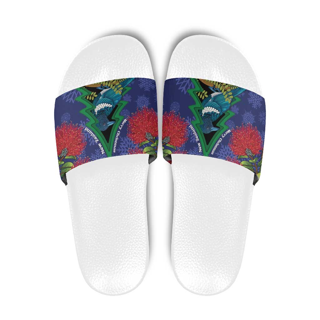 New Zealand Christmas In July Slide Sandals Kowhai Tui Bird With Pohutukawa - Blue LT14 Blue - Polynesian Pride