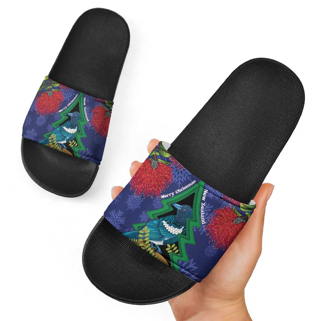 New Zealand Christmas In July Slide Sandals Kowhai Tui Bird With Pohutukawa - Blue LT14 - Polynesian Pride