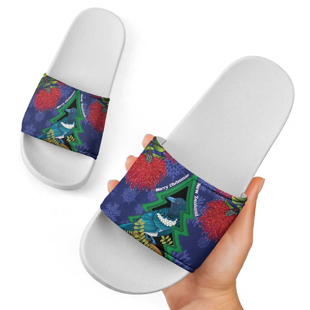 New Zealand Christmas In July Slide Sandals Kowhai Tui Bird With Pohutukawa - Blue LT14 - Polynesian Pride