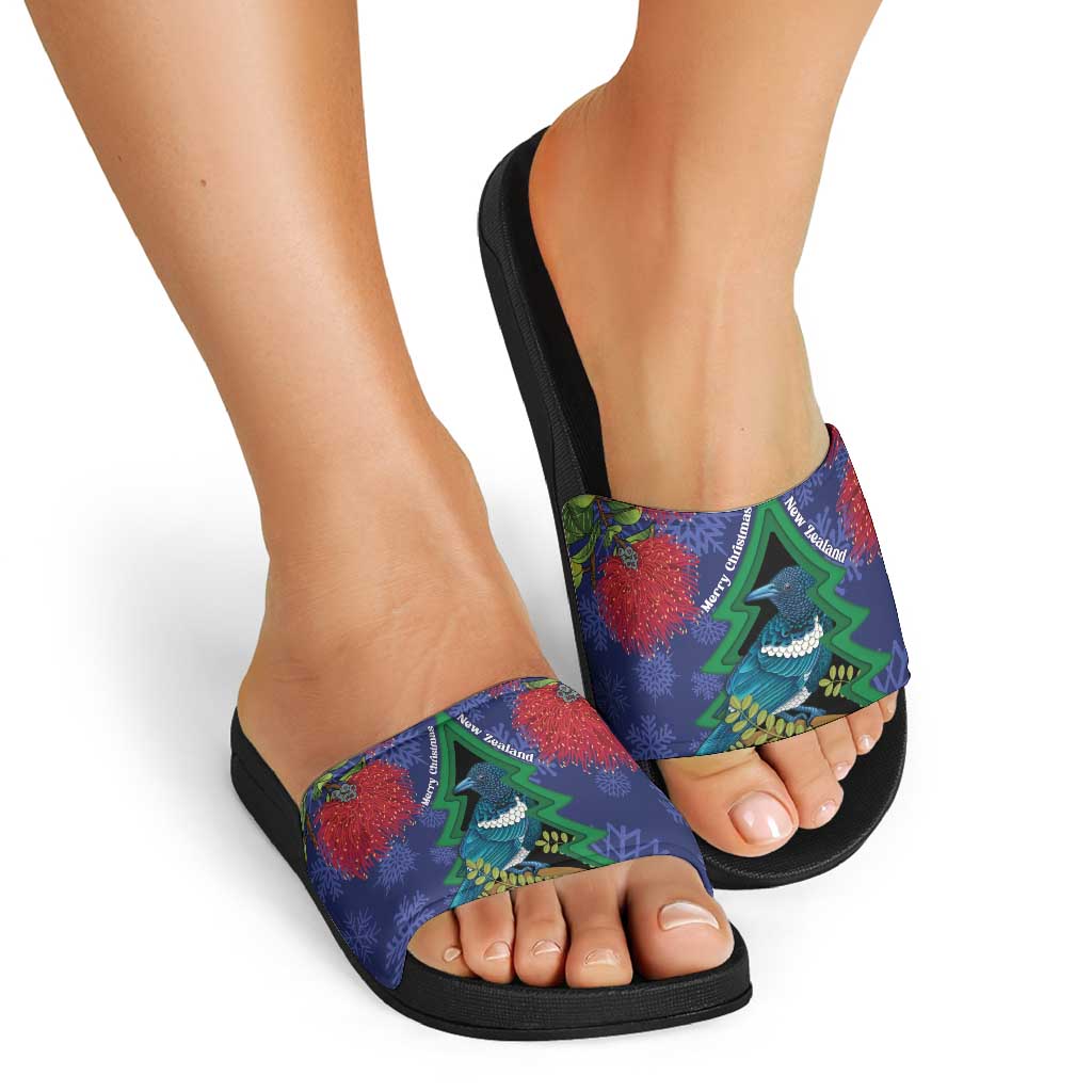 New Zealand Christmas In July Slide Sandals Kowhai Tui Bird With Pohutukawa - Blue LT14 - Polynesian Pride