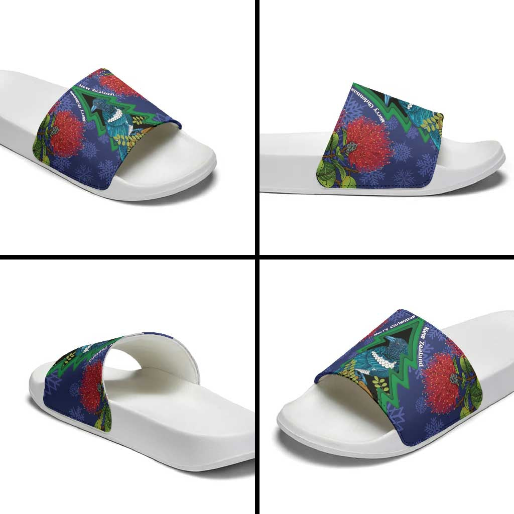New Zealand Christmas In July Slide Sandals Kowhai Tui Bird With Pohutukawa - Blue LT14 - Polynesian Pride