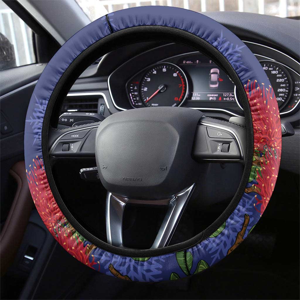 New Zealand Christmas In July Steering Wheel Cover Kowhai Tui Bird With Pohutukawa - Blue LT14 - Polynesian Pride
