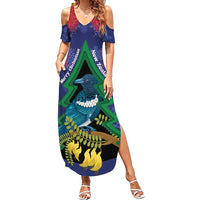 New Zealand Christmas In July Summer Maxi Dress Kowhai Tui Bird With Pohutukawa - Blue LT14 Women Blue - Polynesian Pride
