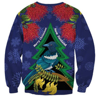 New Zealand Christmas In July Sweatshirt Kowhai Tui Bird With Pohutukawa - Blue LT14 - Polynesian Pride