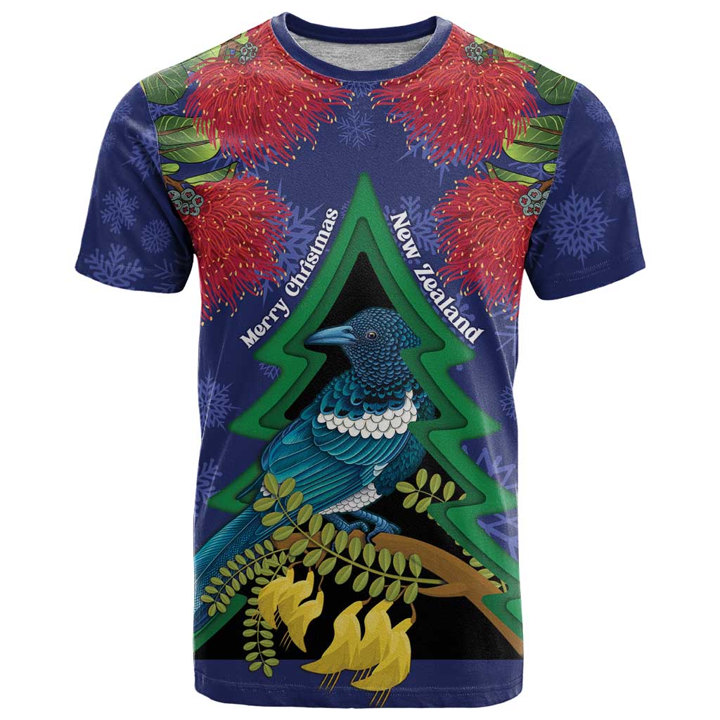 New Zealand Christmas In July T Shirt Kowhai Tui Bird With Pohutukawa - Blue LT14 Blue - Polynesian Pride