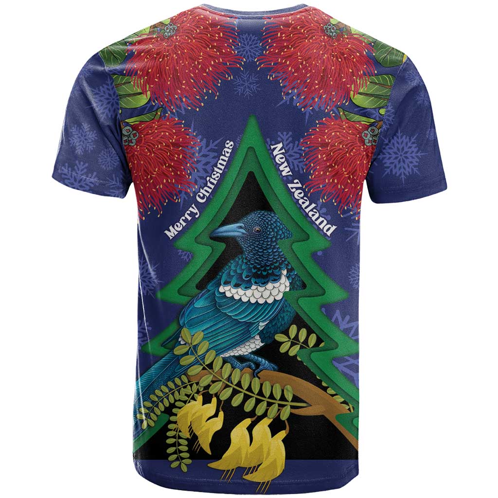 New Zealand Christmas In July T Shirt Kowhai Tui Bird With Pohutukawa - Blue LT14 - Polynesian Pride