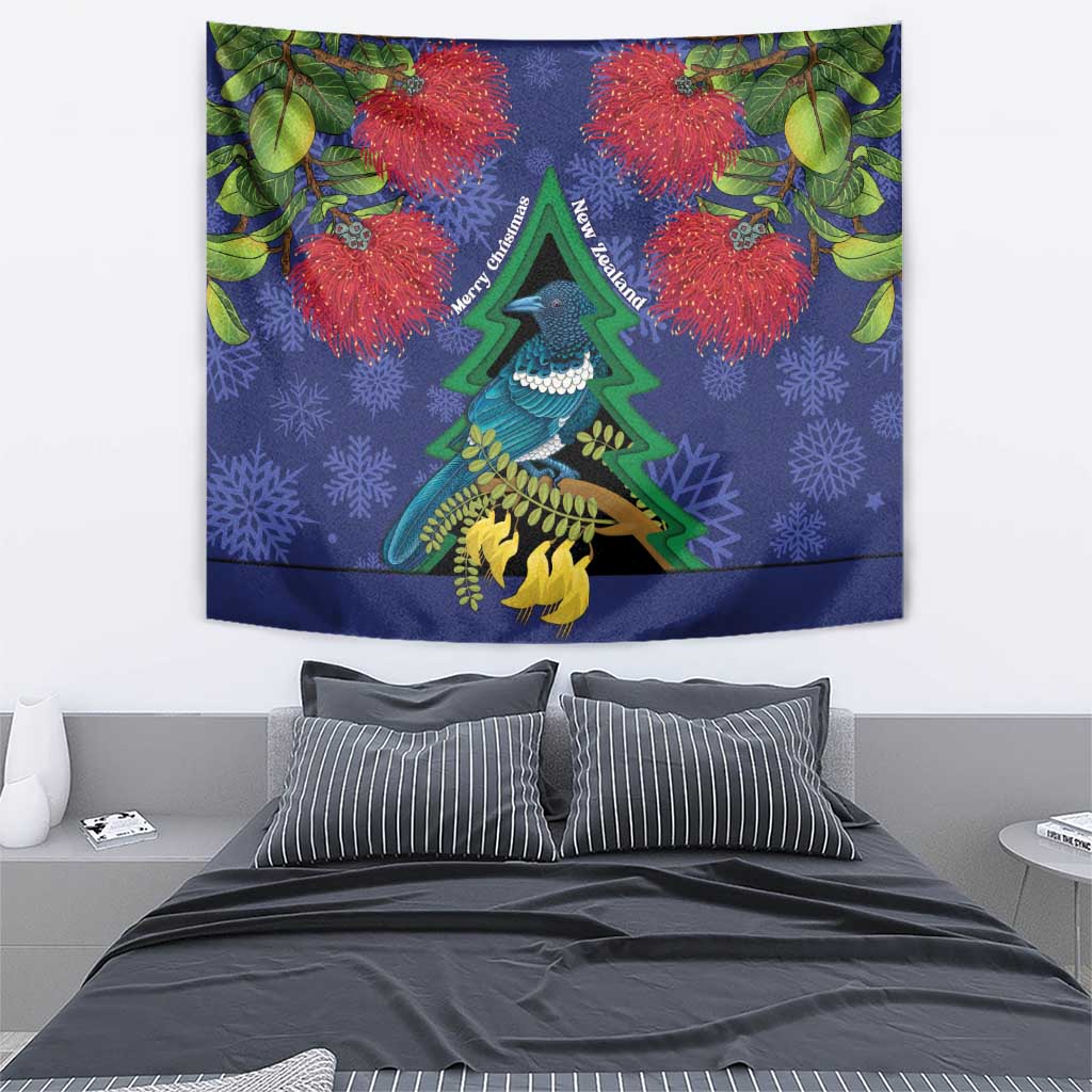 New Zealand Christmas In July Tapestry Kowhai Tui Bird With Pohutukawa - Blue LT14 - Polynesian Pride