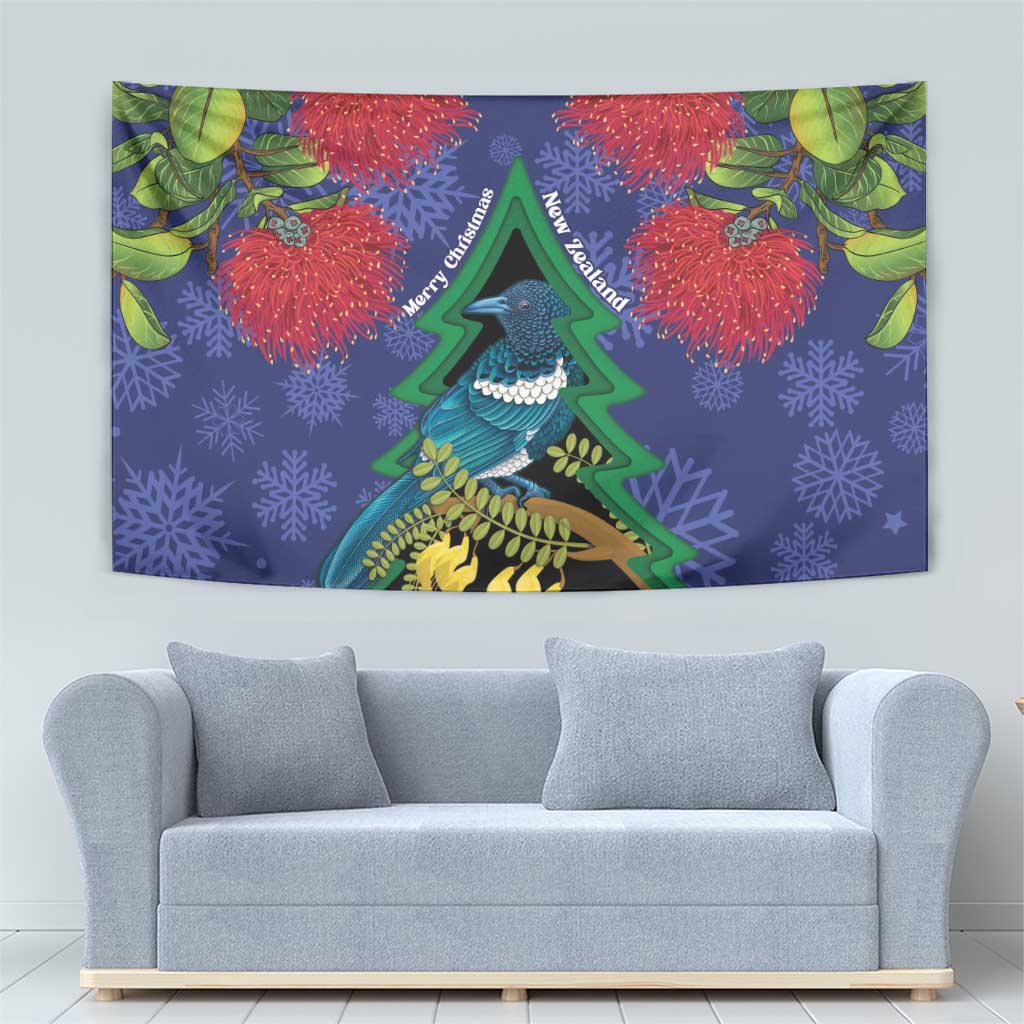 New Zealand Christmas In July Tapestry Kowhai Tui Bird With Pohutukawa - Blue LT14 - Polynesian Pride