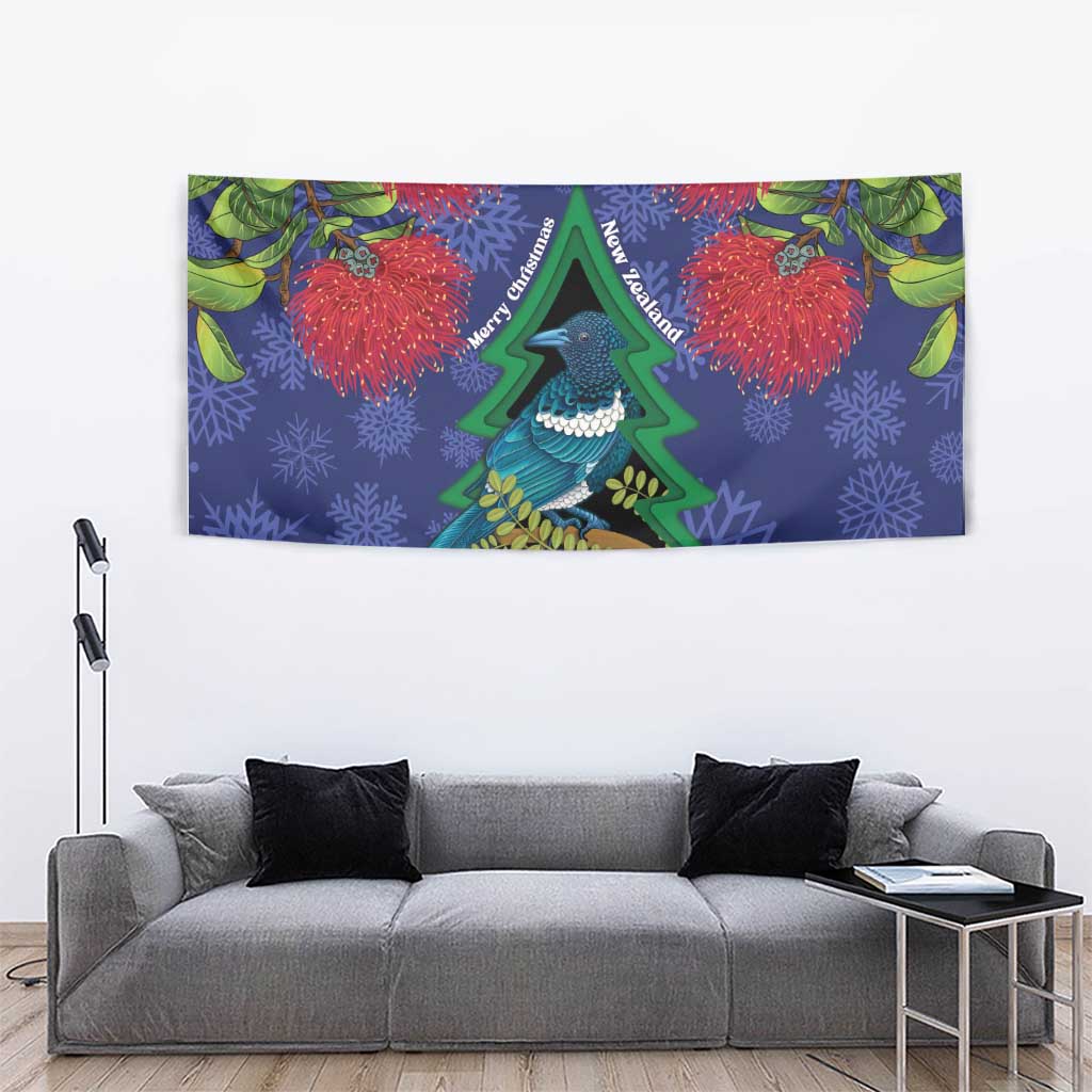 New Zealand Christmas In July Tapestry Kowhai Tui Bird With Pohutukawa - Blue LT14 - Polynesian Pride