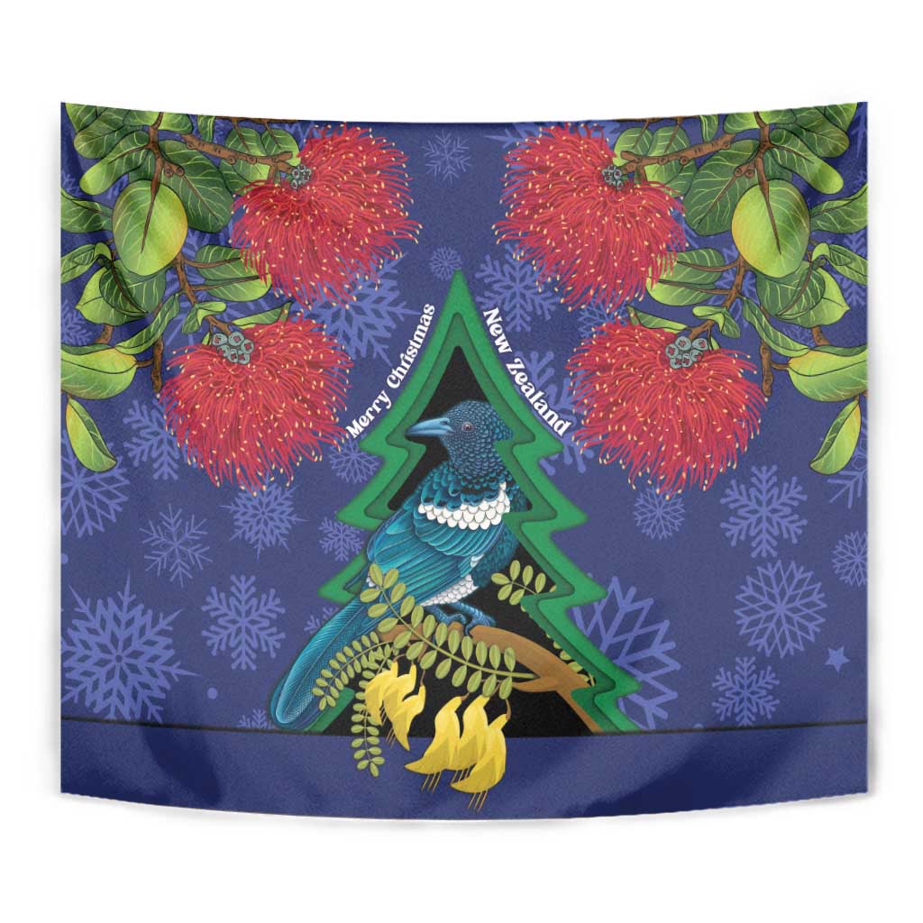 New Zealand Christmas In July Tapestry Kowhai Tui Bird With Pohutukawa - Blue LT14 - Polynesian Pride