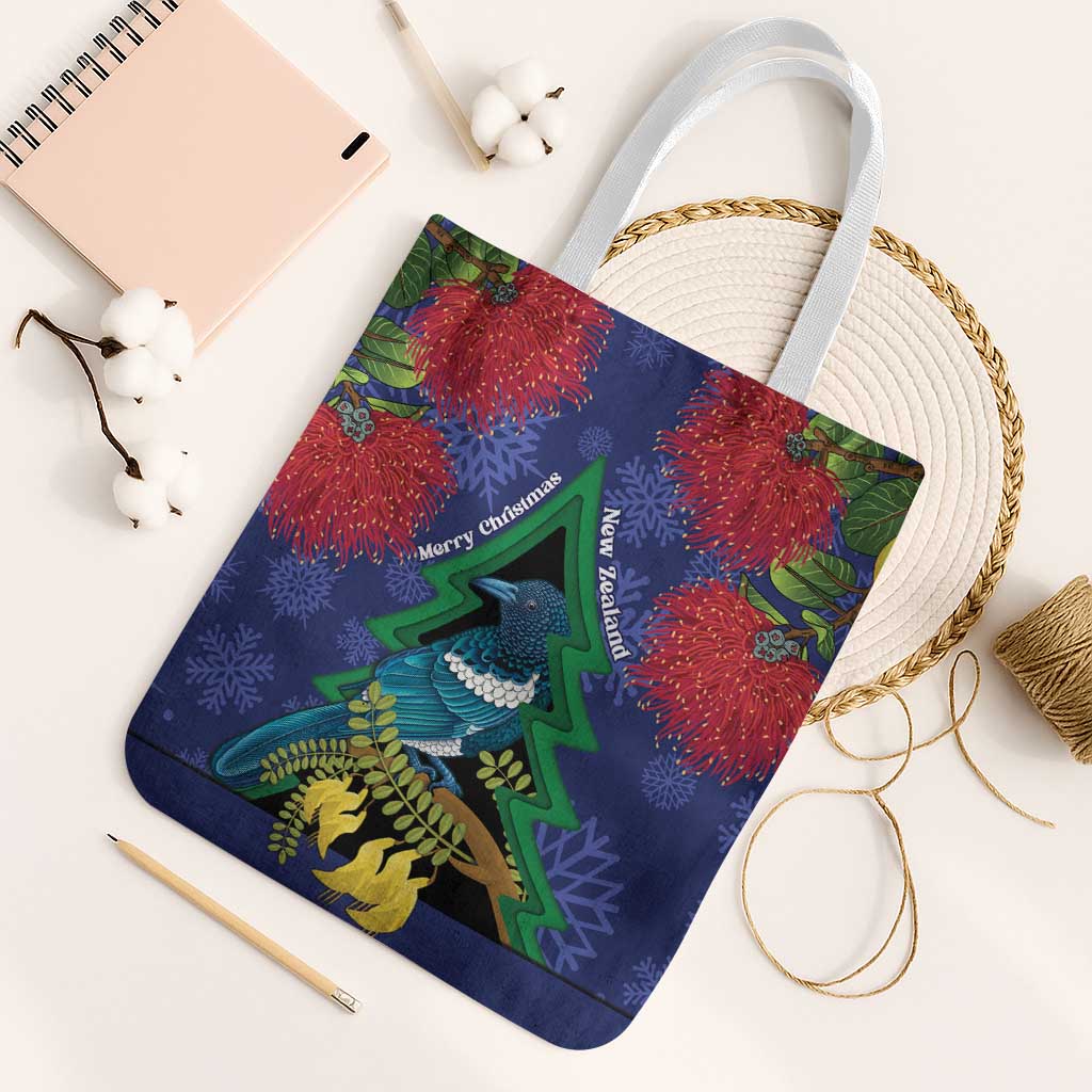 New Zealand Christmas In July Tote Bag Kowhai Tui Bird With Pohutukawa - Blue LT14 White Strap One Size Blue - Polynesian Pride
