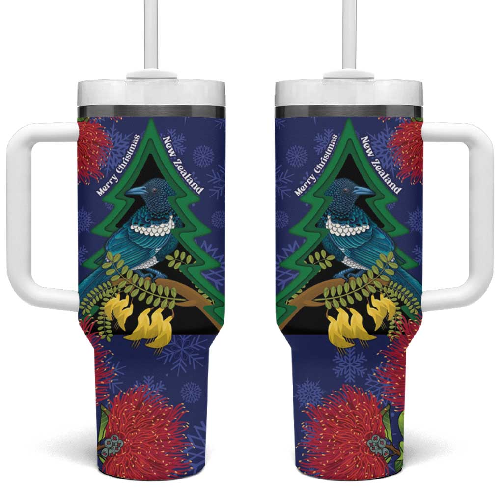 New Zealand Christmas In July Tumbler With Handle Kowhai Tui Bird With Pohutukawa - Blue LT14 One Size: 40 oz Blue - Polynesian Pride