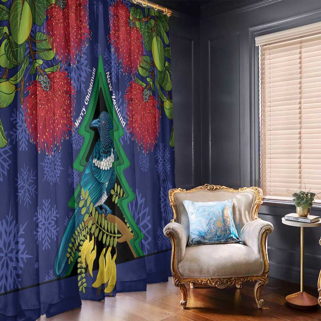 New Zealand Christmas In July Window Curtain Kowhai Tui Bird With Pohutukawa - Blue LT14 - Polynesian Pride