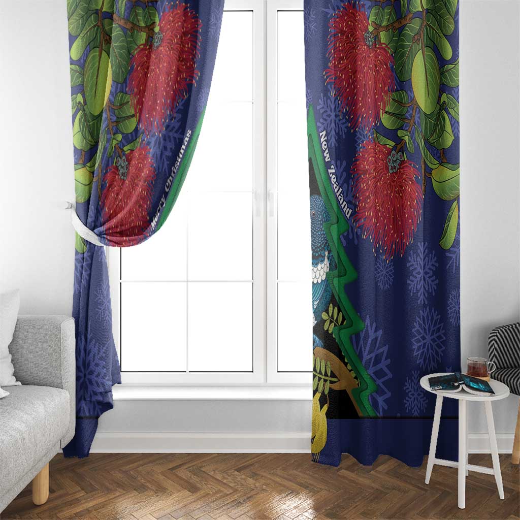 New Zealand Christmas In July Window Curtain Kowhai Tui Bird With Pohutukawa - Blue LT14 - Polynesian Pride