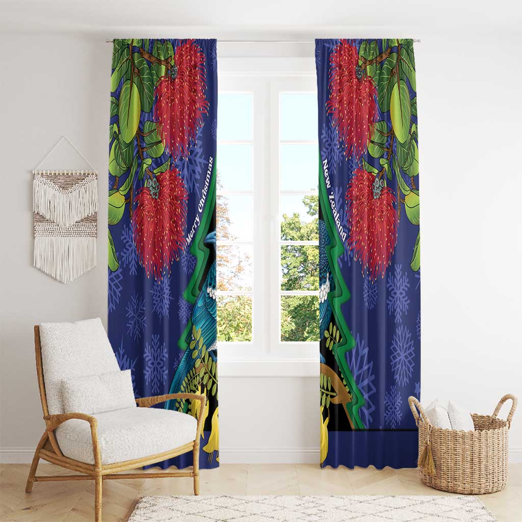 New Zealand Christmas In July Window Curtain Kowhai Tui Bird With Pohutukawa - Blue LT14 - Polynesian Pride