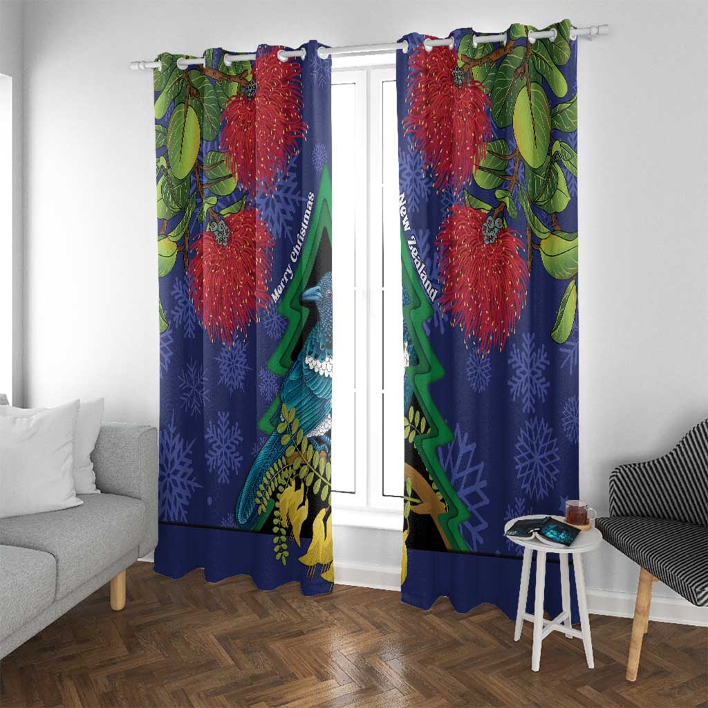 New Zealand Christmas In July Window Curtain Kowhai Tui Bird With Pohutukawa - Blue LT14 With Grommets Blue - Polynesian Pride