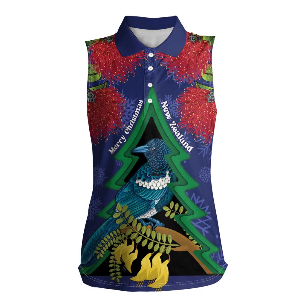 New Zealand Christmas In July Women Sleeveless Polo Shirt Kowhai Tui Bird With Pohutukawa - Blue LT14 Female Blue - Polynesian Pride