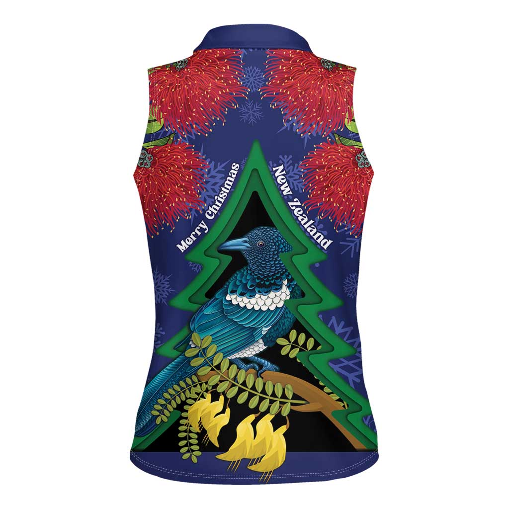 New Zealand Christmas In July Women Sleeveless Polo Shirt Kowhai Tui Bird With Pohutukawa - Blue LT14 - Polynesian Pride