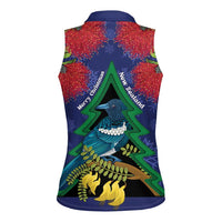 New Zealand Christmas In July Women Sleeveless Polo Shirt Kowhai Tui Bird With Pohutukawa - Blue LT14 - Polynesian Pride