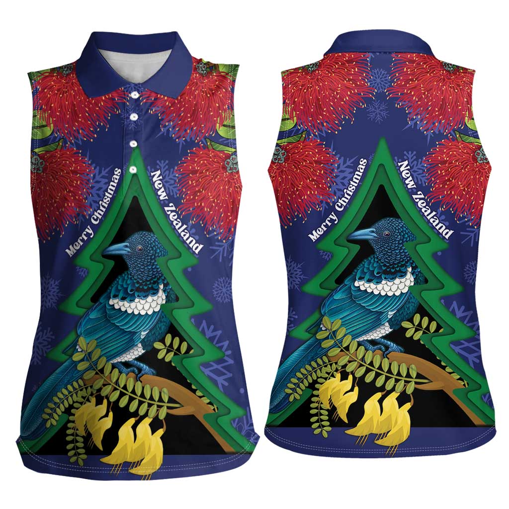 New Zealand Christmas In July Women Sleeveless Polo Shirt Kowhai Tui Bird With Pohutukawa - Blue LT14 - Polynesian Pride