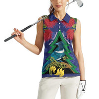 New Zealand Christmas In July Women Sleeveless Polo Shirt Kowhai Tui Bird With Pohutukawa - Blue LT14 - Polynesian Pride