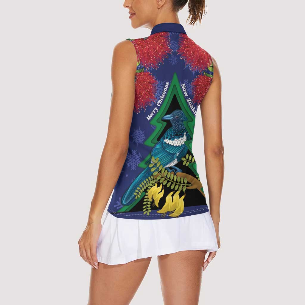 New Zealand Christmas In July Women Sleeveless Polo Shirt Kowhai Tui Bird With Pohutukawa - Blue LT14 - Polynesian Pride