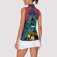 New Zealand Christmas In July Women Sleeveless Polo Shirt Kowhai Tui Bird With Pohutukawa - Blue LT14 - Polynesian Pride
