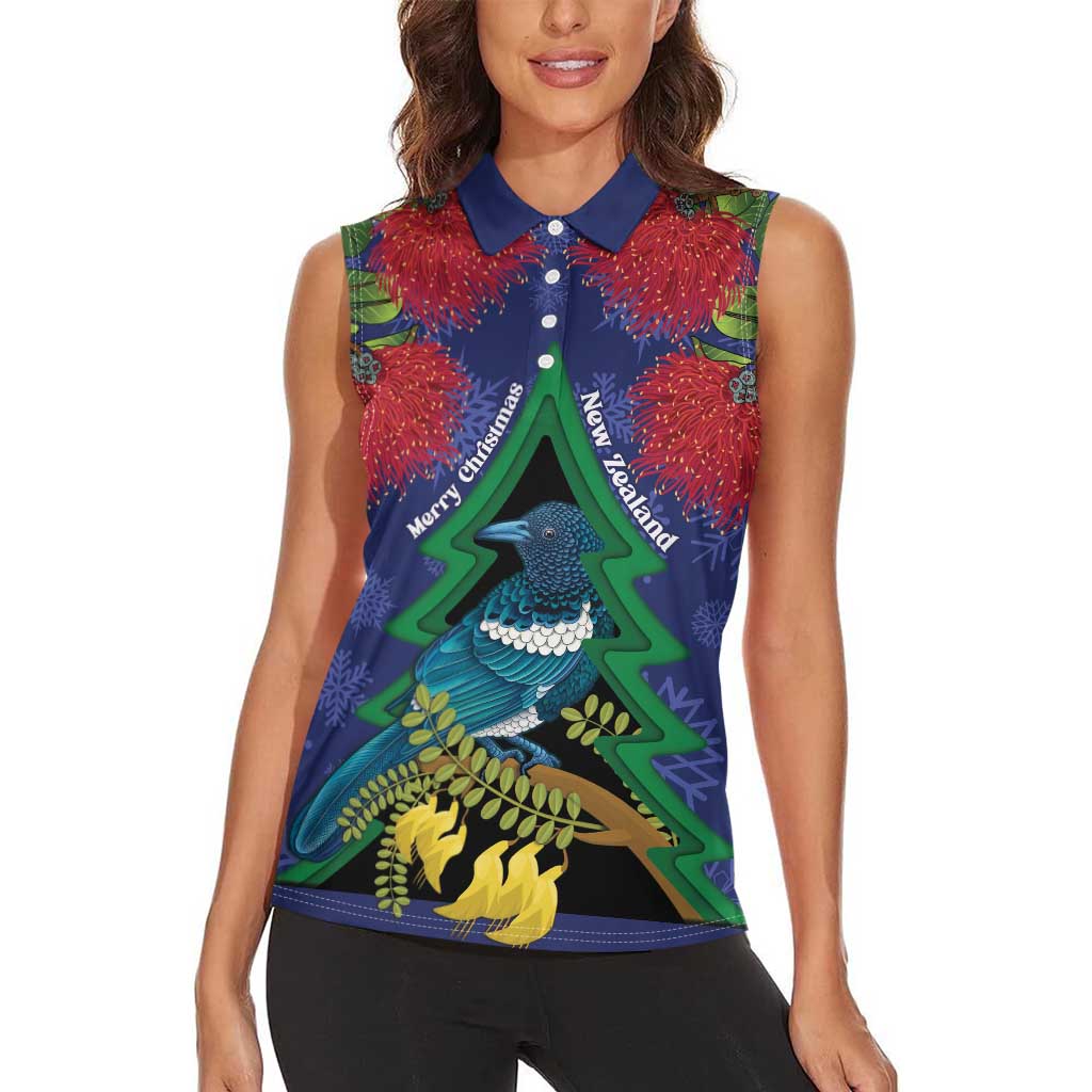New Zealand Christmas In July Women Sleeveless Polo Shirt Kowhai Tui Bird With Pohutukawa - Blue LT14 - Polynesian Pride
