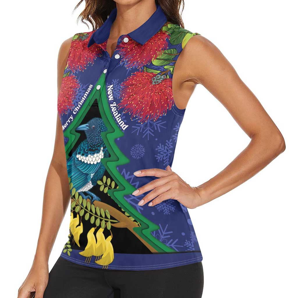 New Zealand Christmas In July Women Sleeveless Polo Shirt Kowhai Tui Bird With Pohutukawa - Blue LT14 - Polynesian Pride